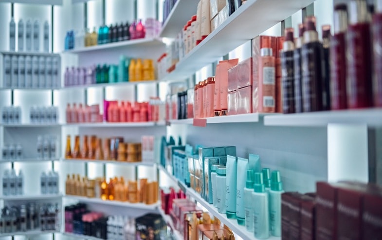 Hair products on a shelf in a salon