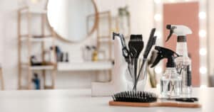 Salon hair tools on white counter