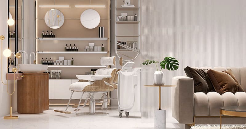 hair salon interior with couch and stylist station equipment