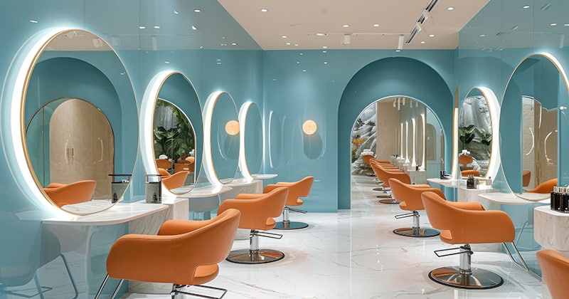 blue interior designed hair salon decor