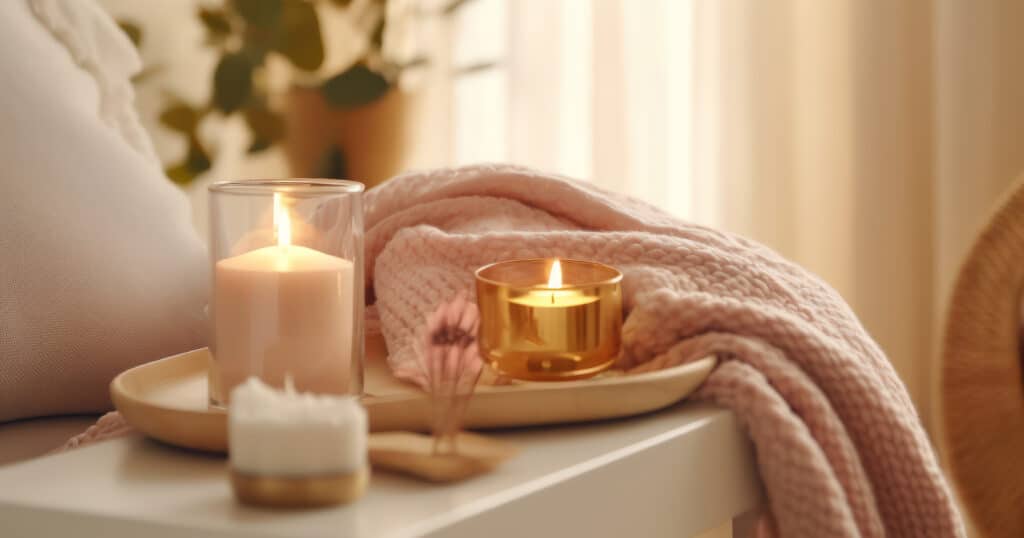 candles and pink throw