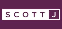 A logo with the word "SCOTT" in uppercase inside a white rectangle on a purple background, followed by a separate purple square containing a white "J," ideal for showcasing your software demo.