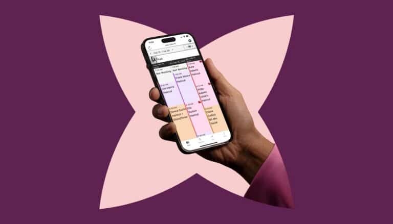 Hand holds a smartphone displaying a salon appointment scheduling calendar with client bookings and services. The device is centered on a purple background with a stylized abstract shape, highlighting salon management, scheduling, and business automation technology.
