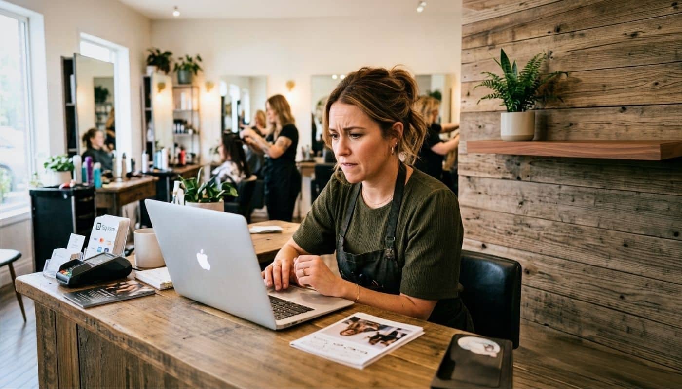 salon owner on a laptop working