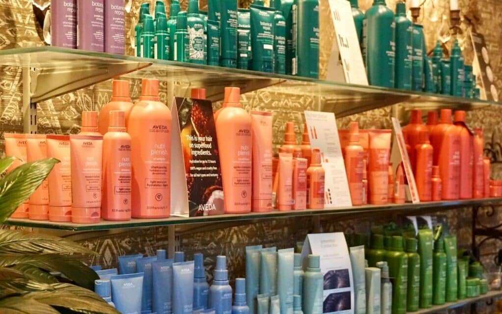 various Aveda products on a shelf