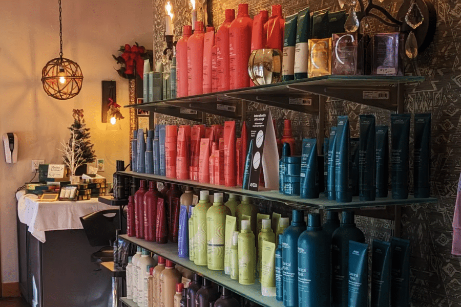 interior photo of the Tall Grass Salon and Spa product shelf