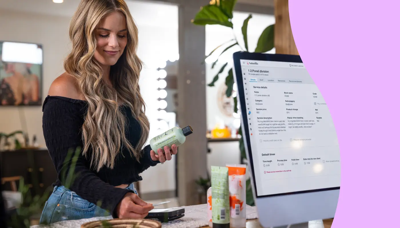 Salon customer using tap to pay to purchase a hair care product at a salon point of sale system