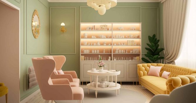 green waiting room with pink chairs