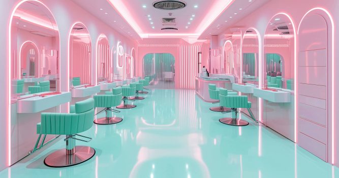 an interesting and colorful decor design of a modern hair salon