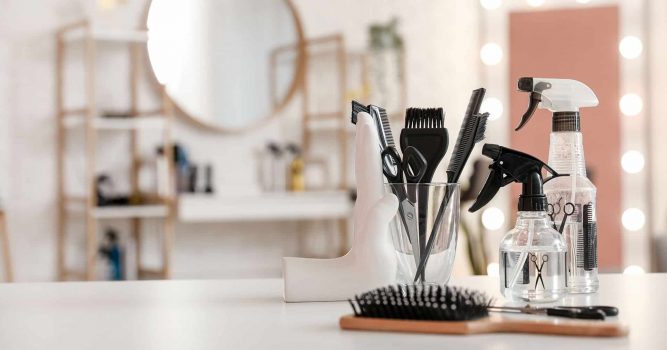 Salon hair tools on white counter