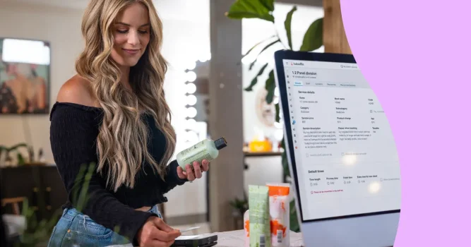 Salon customer using tap to pay to purchase a hair care product at a salon point of sale system