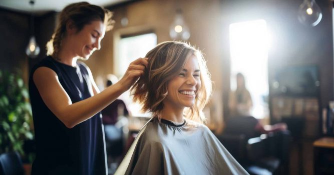 Young woman getting hair done in salon