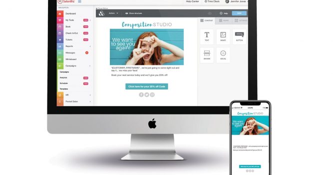 SalonBiz Communications Suite shown on a Mac and mobile phone