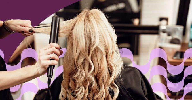 Hairstylist uses a flat iron to smooth and style a client’s long blonde hair in a salon. The image features soft curls, professional hair styling tools, and decorative purple graphic elements that emphasize salon services and beauty styling.