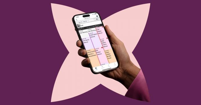 Hand holds a smartphone displaying a salon appointment scheduling calendar with client bookings and services. The device is centered on a purple background with a stylized abstract shape, highlighting salon management, scheduling, and business automation technology.