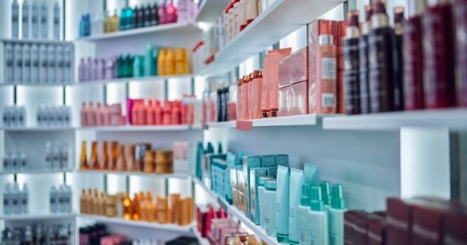 Hair products on a shelf in a salon